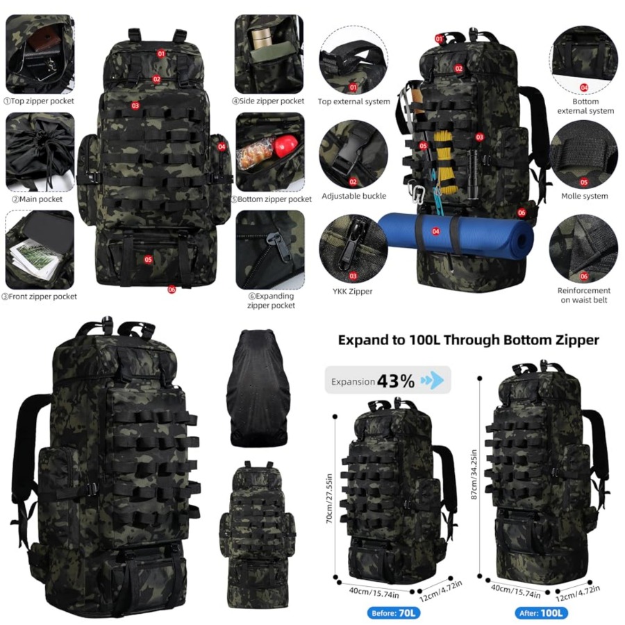 70L/100L Camping Hiking Backpa - Rain Cover Backpack のレビューと価格
