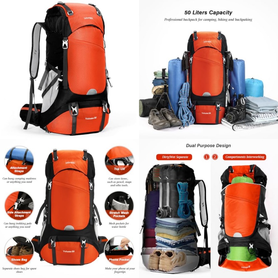 50L Hiking Backpack Travel Bag - Rain Cover Backpack のレビューと価格