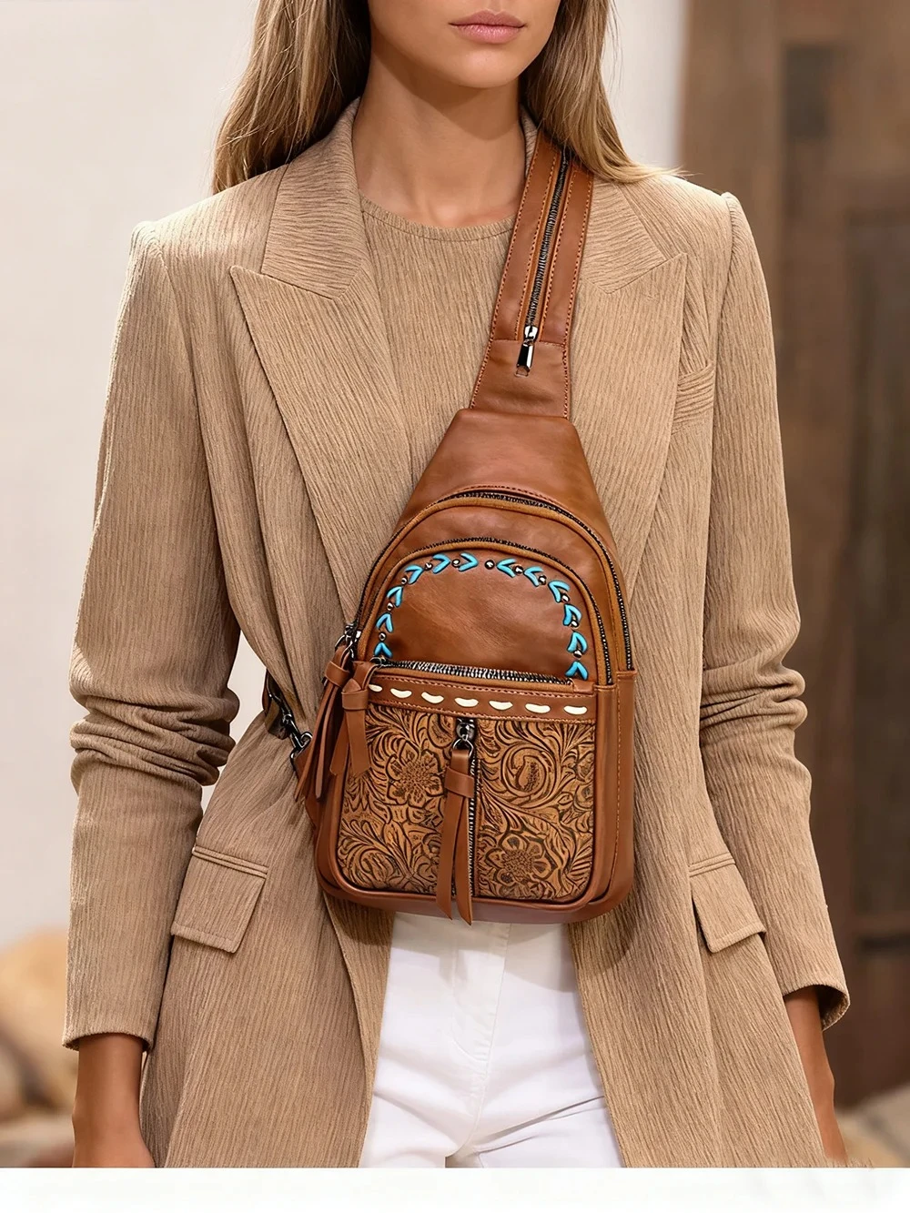 Women Sling Bag 2 in 1 Chest B - Leather Backpack Vintage のレビューと価格